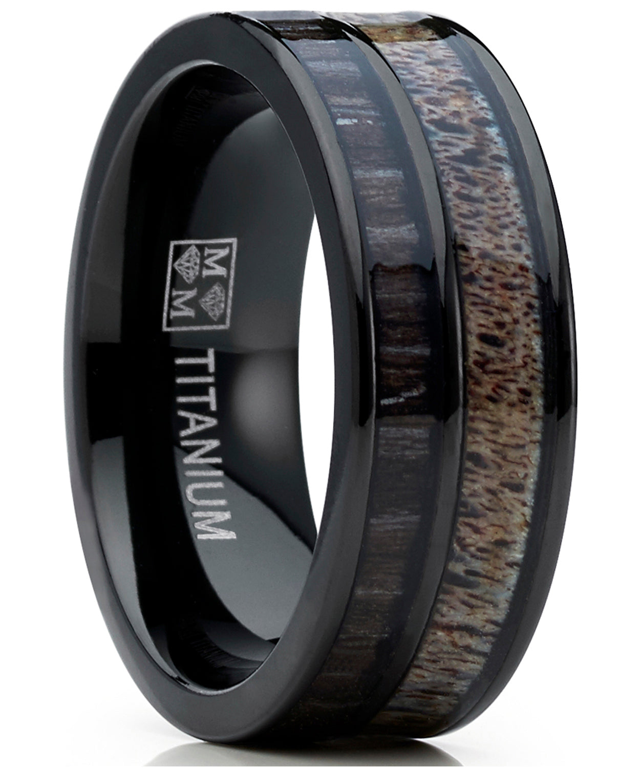 Men's Titanium Ring Wedding Band with Real Deer Antler, Koa Wood Inlay, Outdoor Hunting