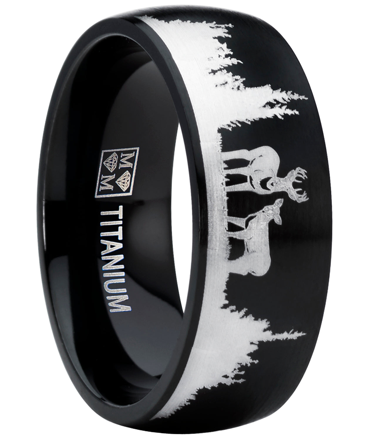 Men's Black Outdoor Hunting Titanium Ring Wedding Band with Laser Etched Deer Stag Scene 8mm