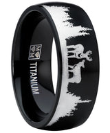 Men's Black Outdoor Hunting Titanium Ring Wedding Band with Laser Etched Deer Stag Scene 8mm