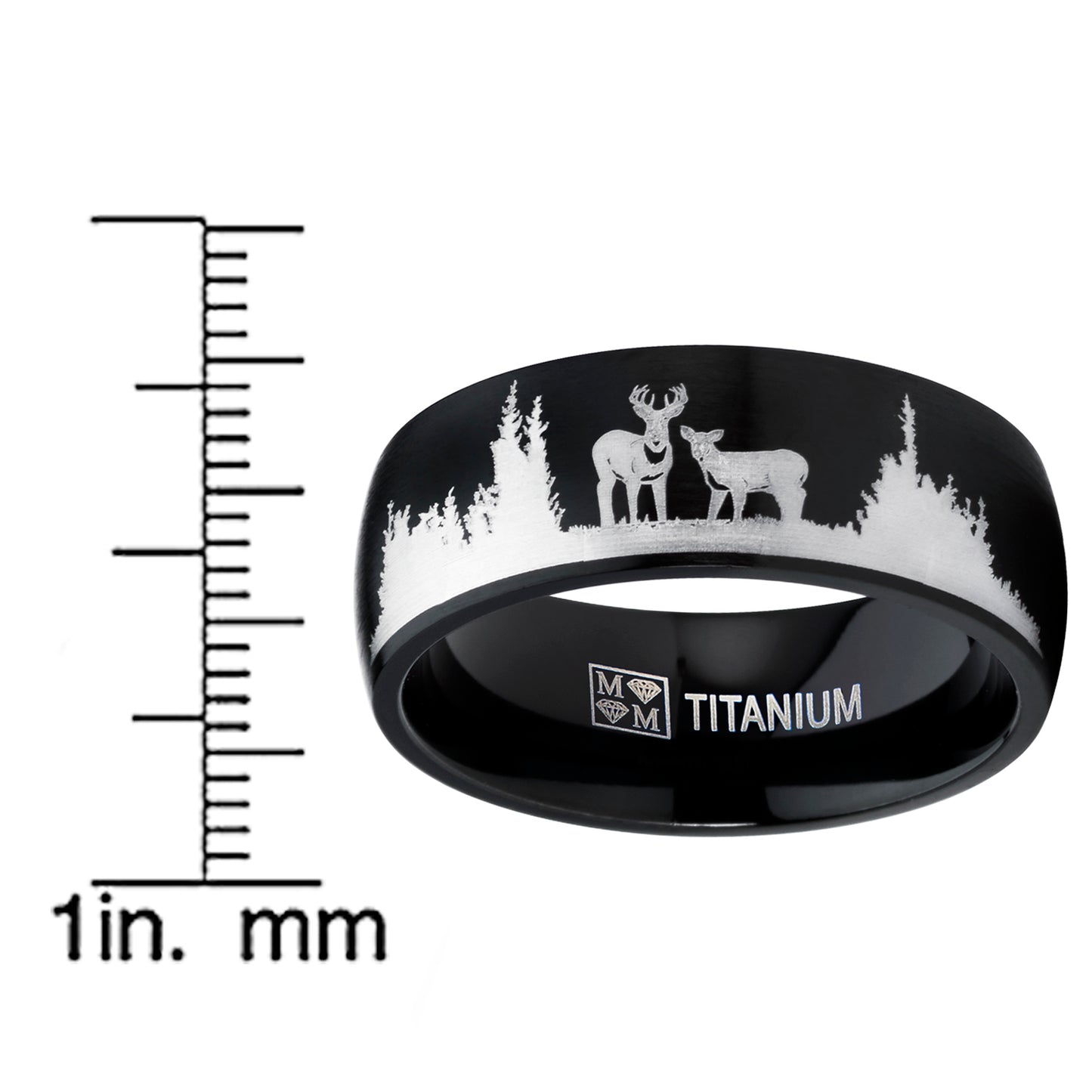 Men's Black Outdoor Hunting Titanium Ring Wedding Band with Laser Etched Deer Stag Scene 8mm