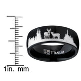 Men's Black Outdoor Hunting Titanium Ring Wedding Band with Laser Etched Deer Stag Scene 8mm