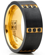 Men's Black Zirconium Wedding Band With Gold Tone Plating and Black Cubic Zirconia CZ Comfort Fit 8mm