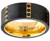 Men's Black Zirconium Wedding Band With Gold Tone Plating and Black Cubic Zirconia CZ Comfort Fit 8mm