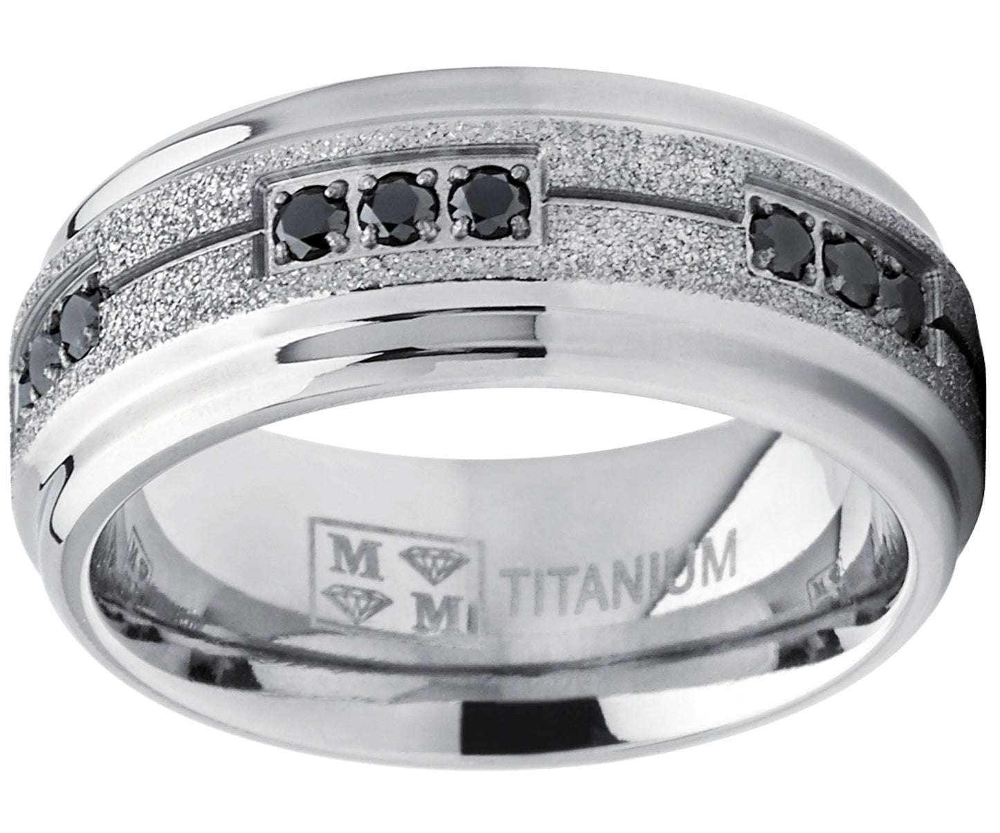Men's Titanium Black Trinity Cubic Zirconia Ring Wedding Band With Shimmer Finish 8mm Comfort Fit