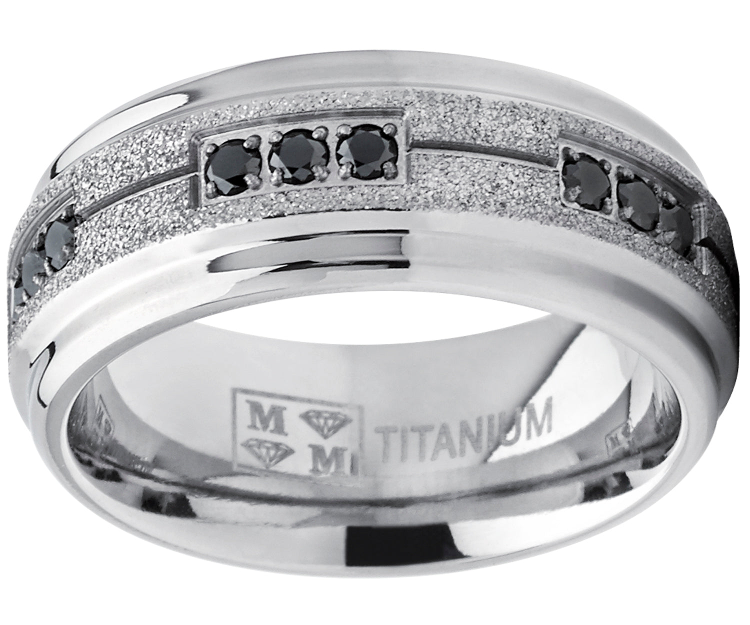 Men's Titanium Black Trinity Cubic Zirconia Ring Wedding Band With Shimmer Finish 8mm Comfort Fit