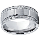 Men's Titanium Wedding Band Ring Double Row Cubic Zirconia CZ Eternity Comfort Fit 9MM