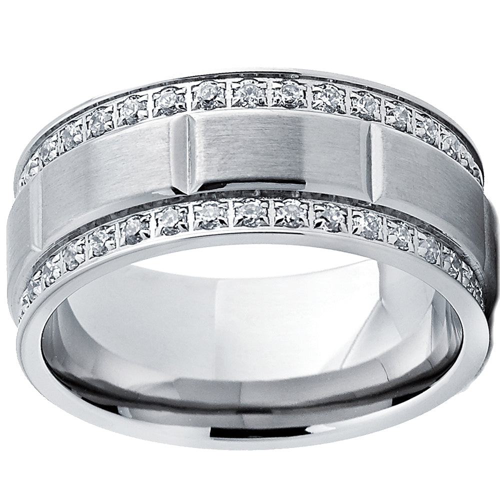 Men's Titanium Wedding Band Ring Double Row Cubic Zirconia CZ Eternity Comfort Fit 9MM