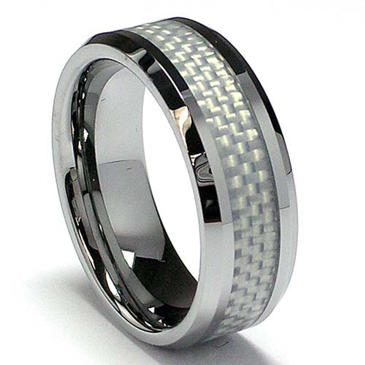 8MM Men's Tungsten Carbide Ring with White Carbon Fiber Inaly sizes 7 to 13