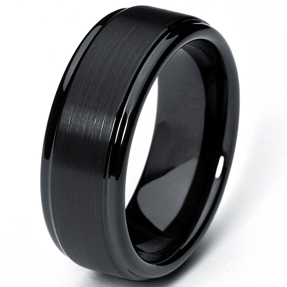 Men's Black Tungsten Ring Matte Finish High Polish Wedding Band 8MM