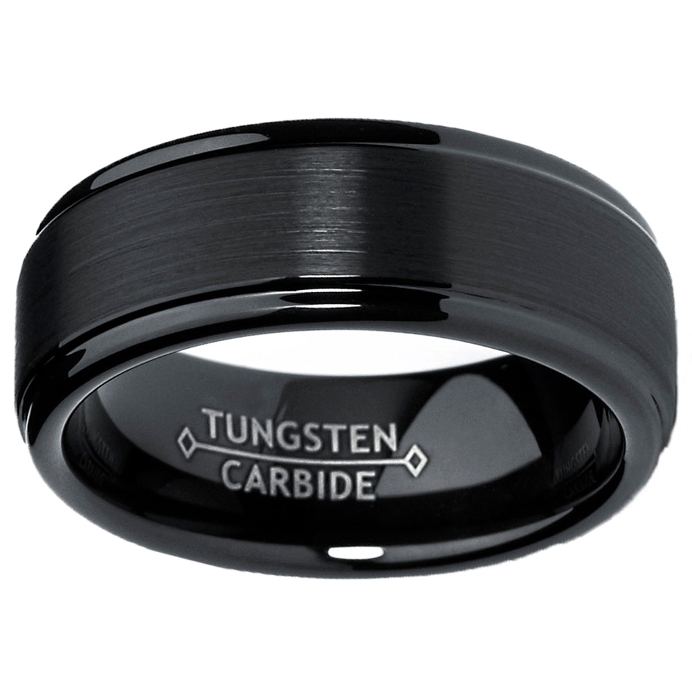 Men's Black Tungsten Ring Matte Finish High Polish Wedding Band 8MM