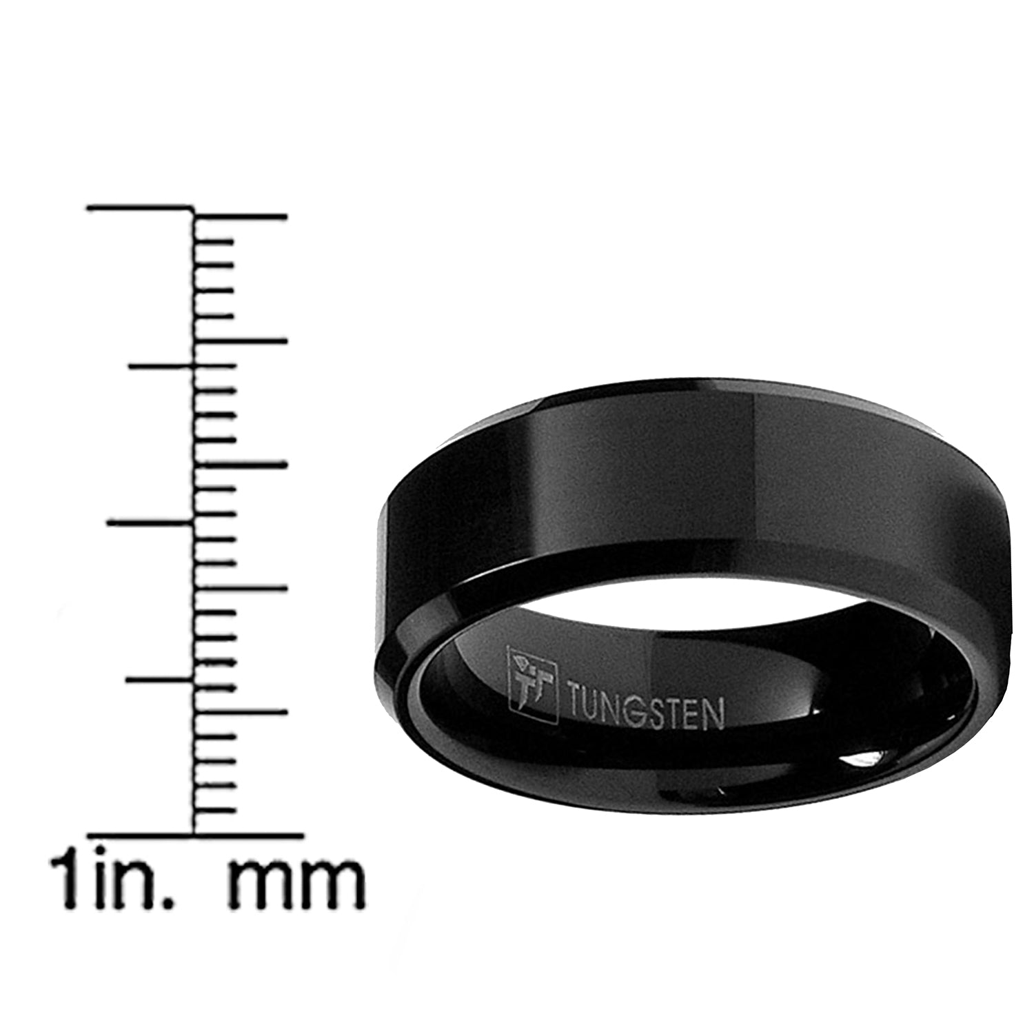 Men's 8MM Black High Polish Beveled Edge Tungsten Carbide Ring sizes 6 to 15