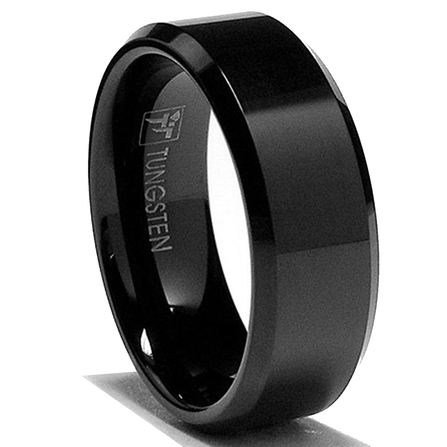 Men's 8MM Black High Polish Beveled Edge Tungsten Carbide Ring sizes 6 to 15
