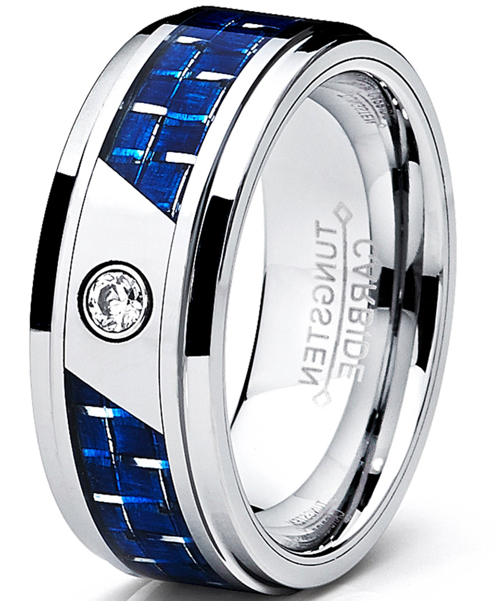 8MM Men's Tungsten Carbide Ring W/ Blue Carbon Fiber Inaly and CZ
