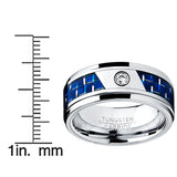 8MM Men's Tungsten Carbide Ring W/ Blue Carbon Fiber Inaly and CZ