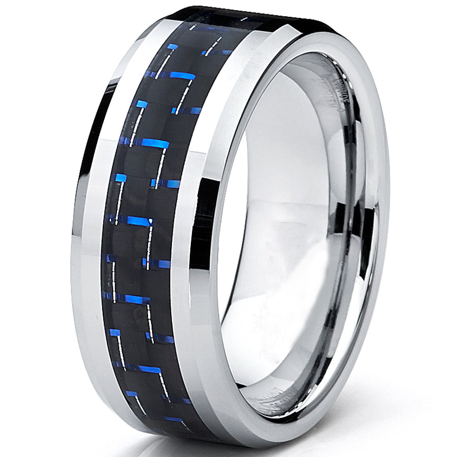 8MM Men's Tungsten Carbide Ring W/ BLACK & BLUE Carbon Fiber Inaly Sizes 5 to 15