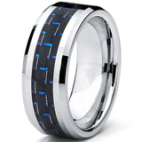8MM Men's Tungsten Carbide Ring W/ BLACK & BLUE Carbon Fiber Inaly Sizes 5 to 15