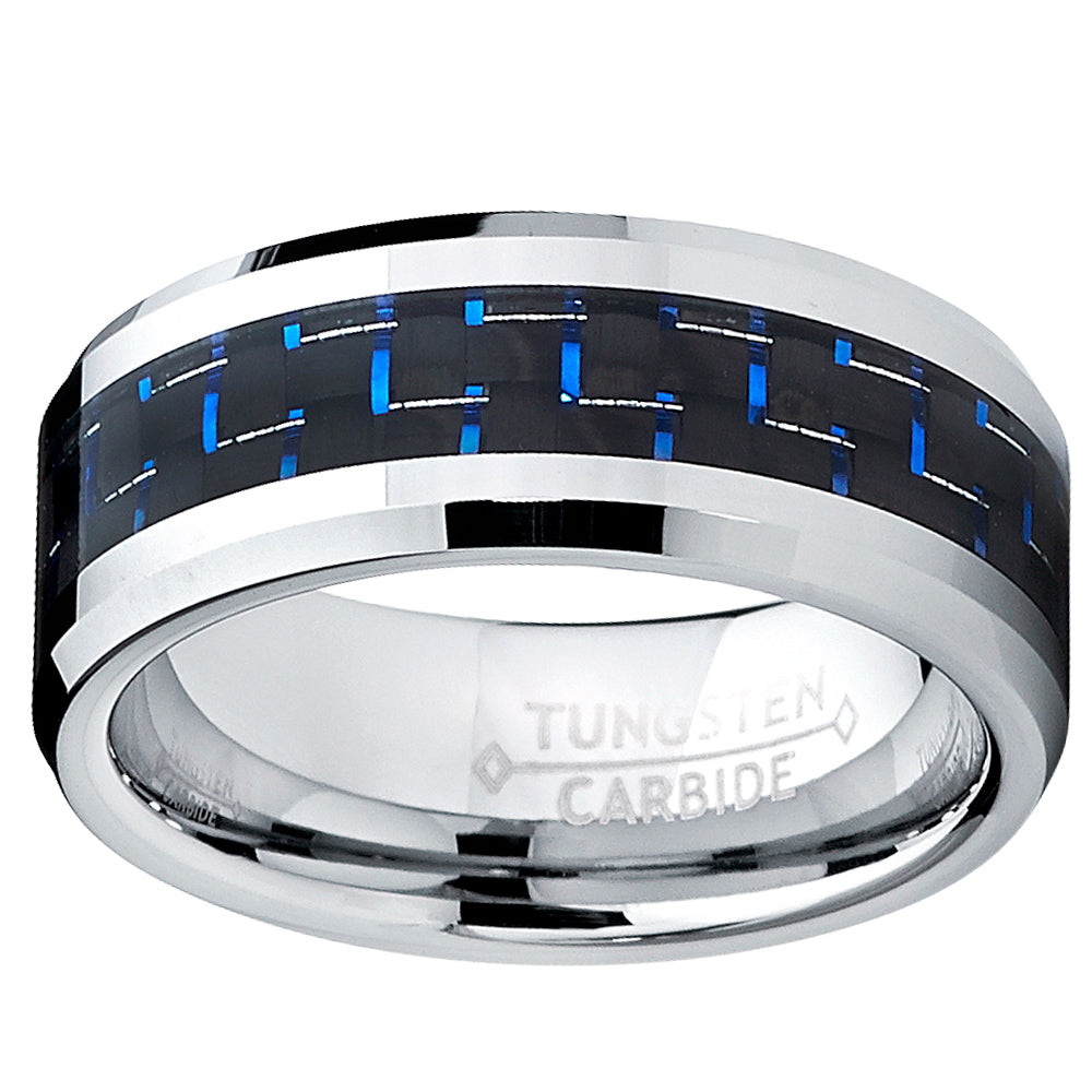 8MM Men's Tungsten Carbide Ring W/ BLACK & BLUE Carbon Fiber Inaly Sizes 5 to 15