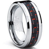 8MM Men's Tungsten Carbide Ring W/ BLACK & RED Carbon Fiber Inlay Sizes 6 to 15