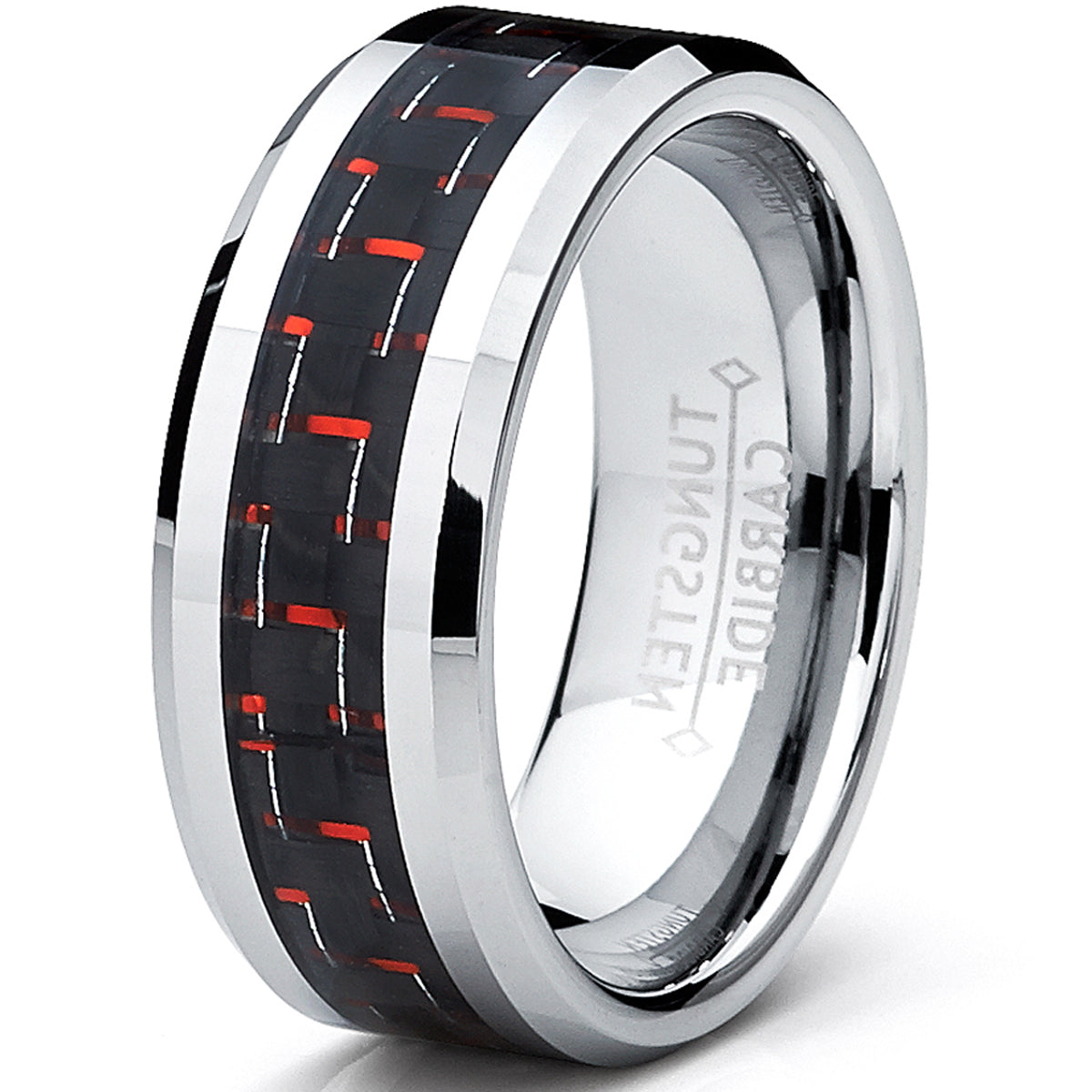 8MM Men's Tungsten Carbide Ring W/ BLACK & RED Carbon Fiber Inlay Sizes 6 to 15