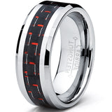8MM Men's Tungsten Carbide Ring W/ BLACK & RED Carbon Fiber Inlay Sizes 6 to 15