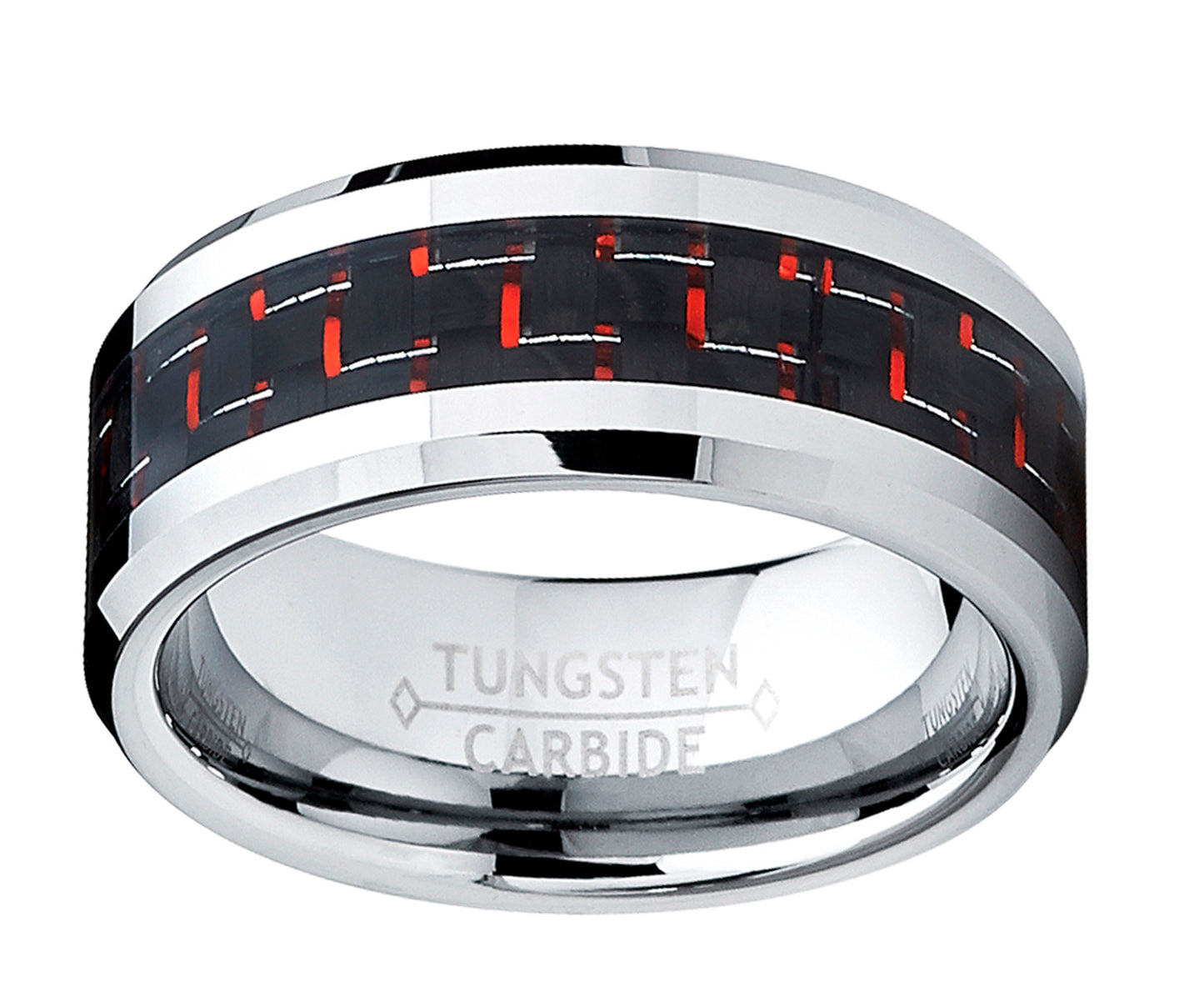 8MM Men's Tungsten Carbide Ring W/ BLACK & RED Carbon Fiber Inlay Sizes 6 to 15