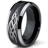 8MM Black Men's Tungsten Ring with Laser Etched Tribal Design Sizes 7 to 13