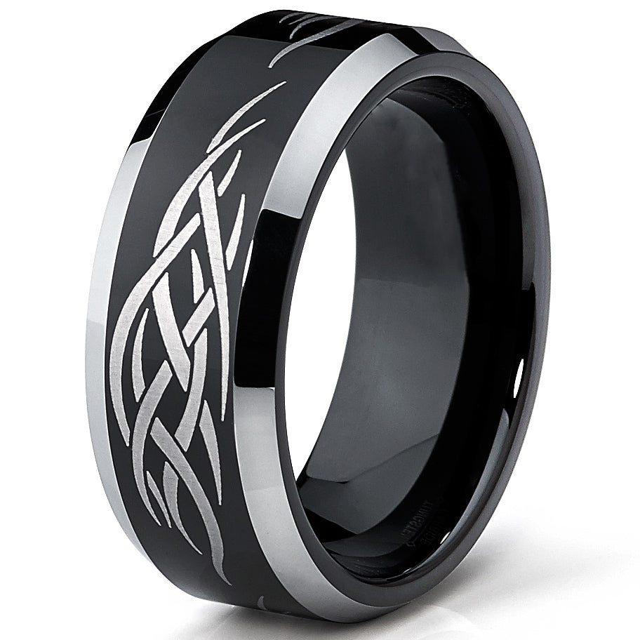 8MM Black Men's Tungsten Ring with Laser Etched Tribal Design Sizes 7 to 13