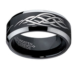 8MM Black Men's Tungsten Ring with Laser Etched Tribal Design Sizes 7 to 13