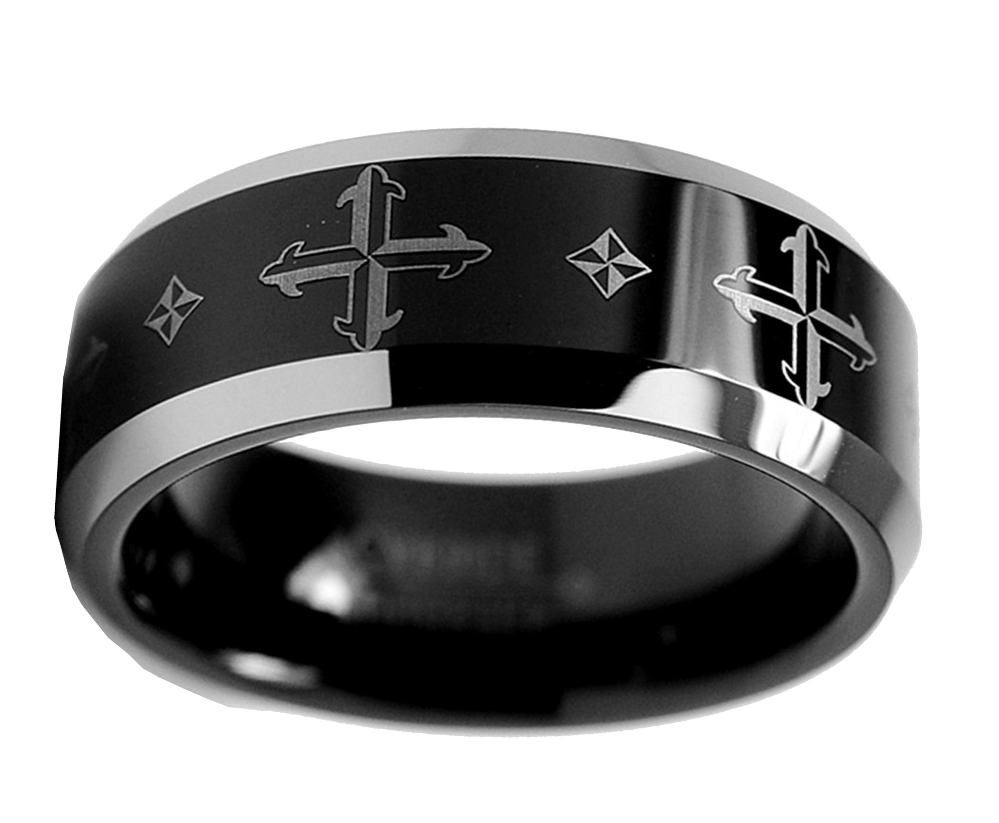 Men's 8MM Two Tone Tungsten Ring, Band with Laser Etched Cross Design Sizes 8 to 12