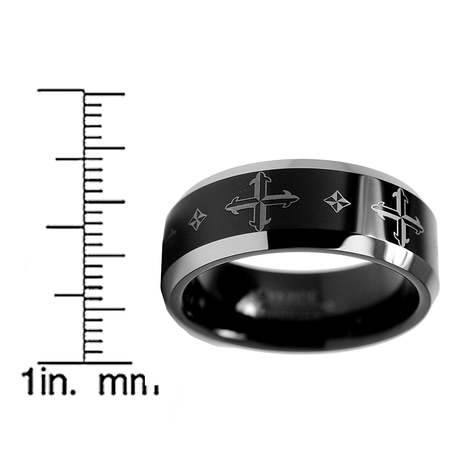 Men's 8MM Two Tone Tungsten Ring, Band with Laser Etched Cross Design Sizes 8 to 12