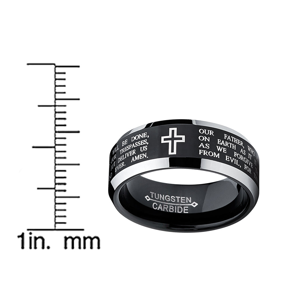 Men's Lords Prayer Tungsten Ring Christian Cross Wedding Band Black 8MM