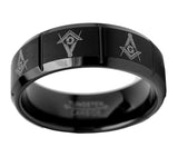 Tungsten Carbide Men's Black Laser Etched Masonic Ring, 8mm Comfort Fit, Sizes 7 to 13