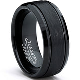 Tungsten Carbide Men's Black Brushed Textured Center Ring Band, 8 mm Comfort Fit Sizes 7 to 15