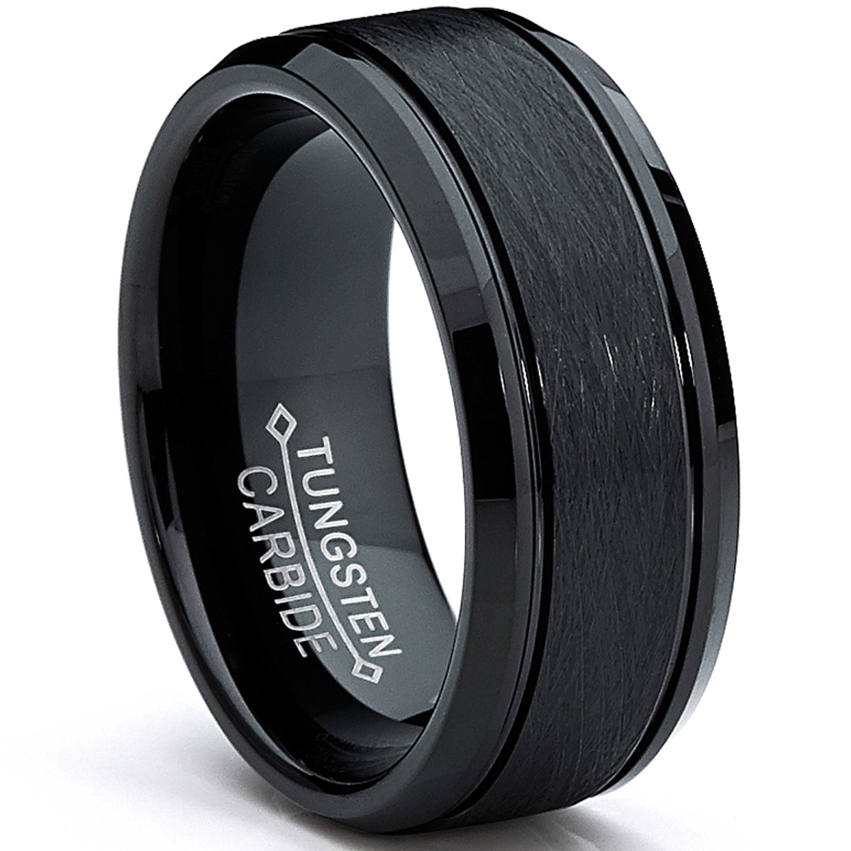Tungsten Carbide Men's Black Brushed Textured Center Ring Band, 8 mm Comfort Fit Sizes 7 to 15