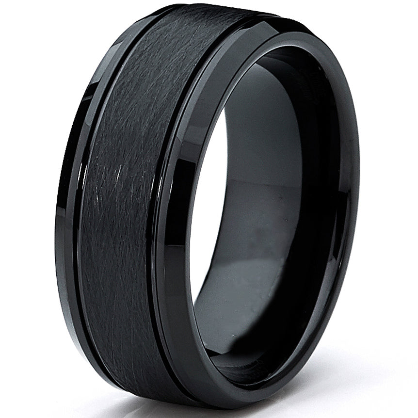 Tungsten Carbide Men's Black Brushed Textured Center Ring Band, 8 mm Comfort Fit Sizes 7 to 15