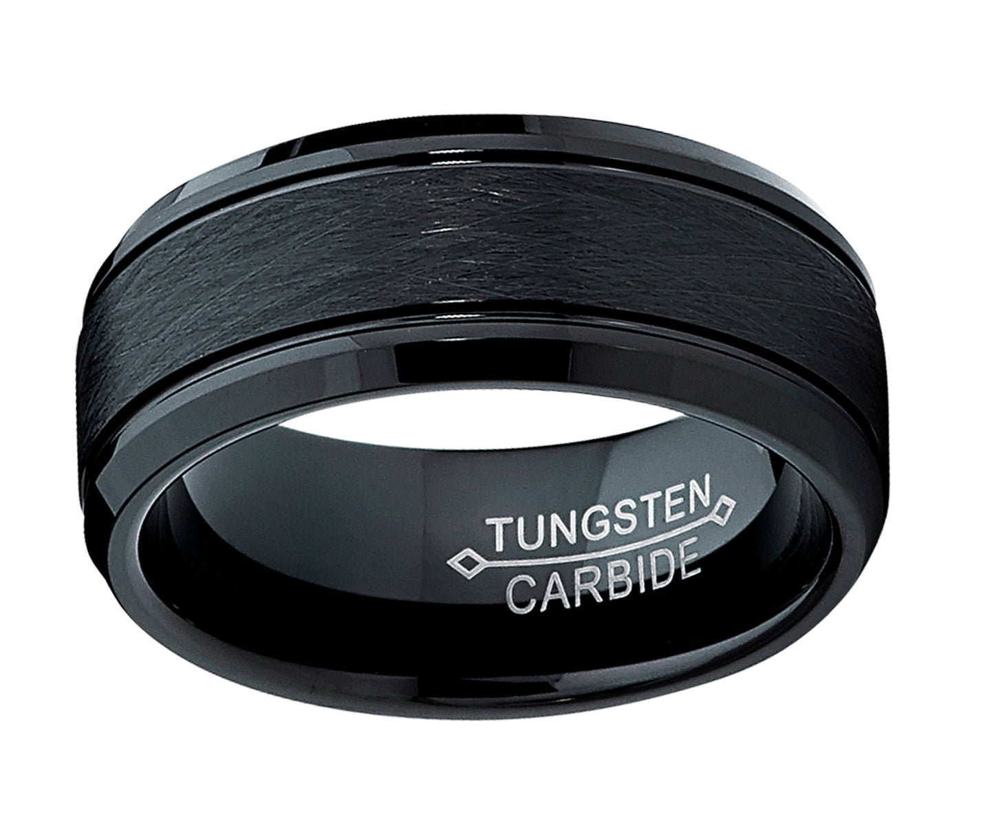Tungsten Carbide Men's Black Brushed Textured Center Ring Band, 8 mm Comfort Fit Sizes 7 to 15