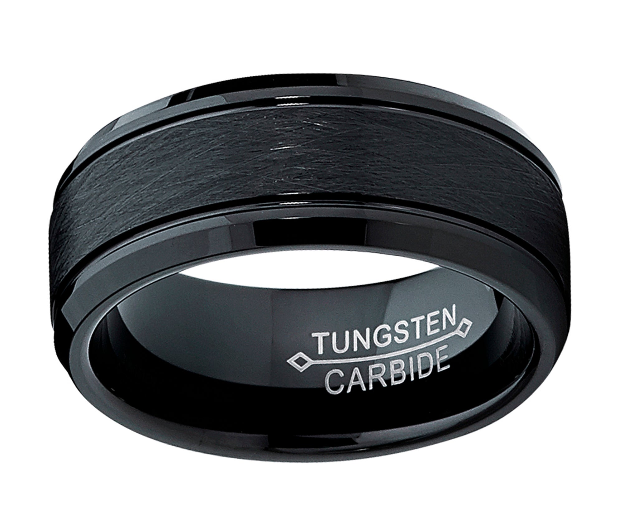 Tungsten Carbide Men's Black Brushed Textured Center Ring Band, 8 mm Comfort Fit Sizes 7 to 15