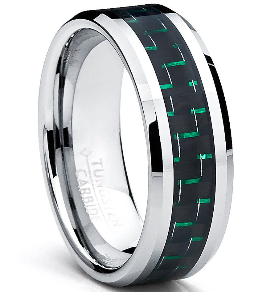 9MM Men's Tungsten Carbide Ring W/ BLACK & GREEN Carbon Fiber Inaly Sizes 7 to 13