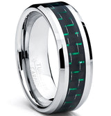 9MM Men's Tungsten Carbide Ring W/ BLACK & GREEN Carbon Fiber Inaly Sizes 7 to 13