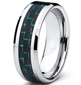 9MM Men's Tungsten Carbide Ring W/ BLACK & GREEN Carbon Fiber Inaly Sizes 7 to 13