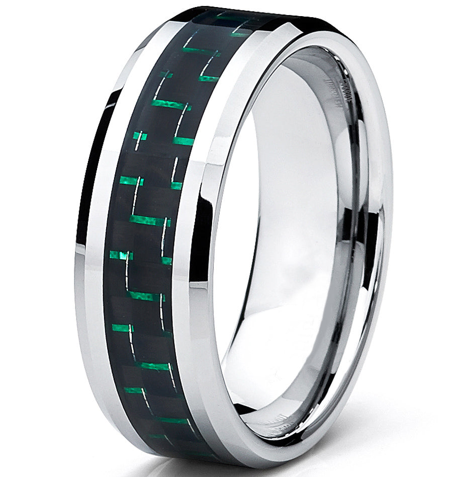 9MM Men's Tungsten Carbide Ring W/ BLACK & GREEN Carbon Fiber Inaly Sizes 7 to 13