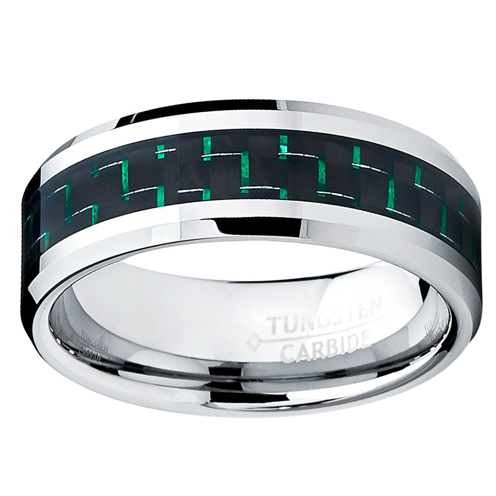 9MM Men's Tungsten Carbide Ring W/ BLACK & GREEN Carbon Fiber Inaly Sizes 7 to 13