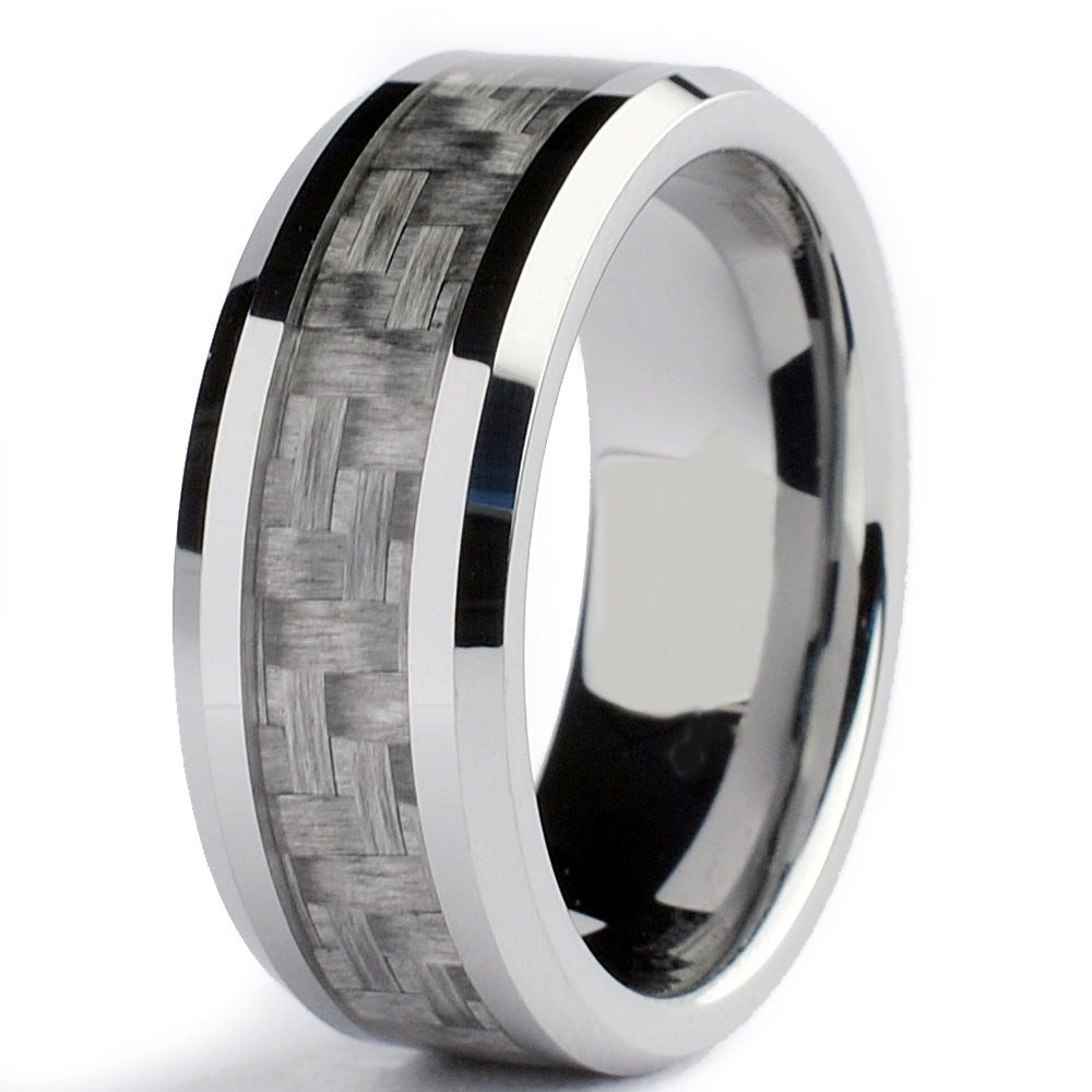 Tungsten Carbide Men's Wedding Band Ring With Gray Carbon Fiber Inlay, 8mm Sizes 7 to 13