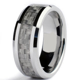 Tungsten Carbide Men's Wedding Band Ring With Gray Carbon Fiber Inlay, 8mm Sizes 7 to 13