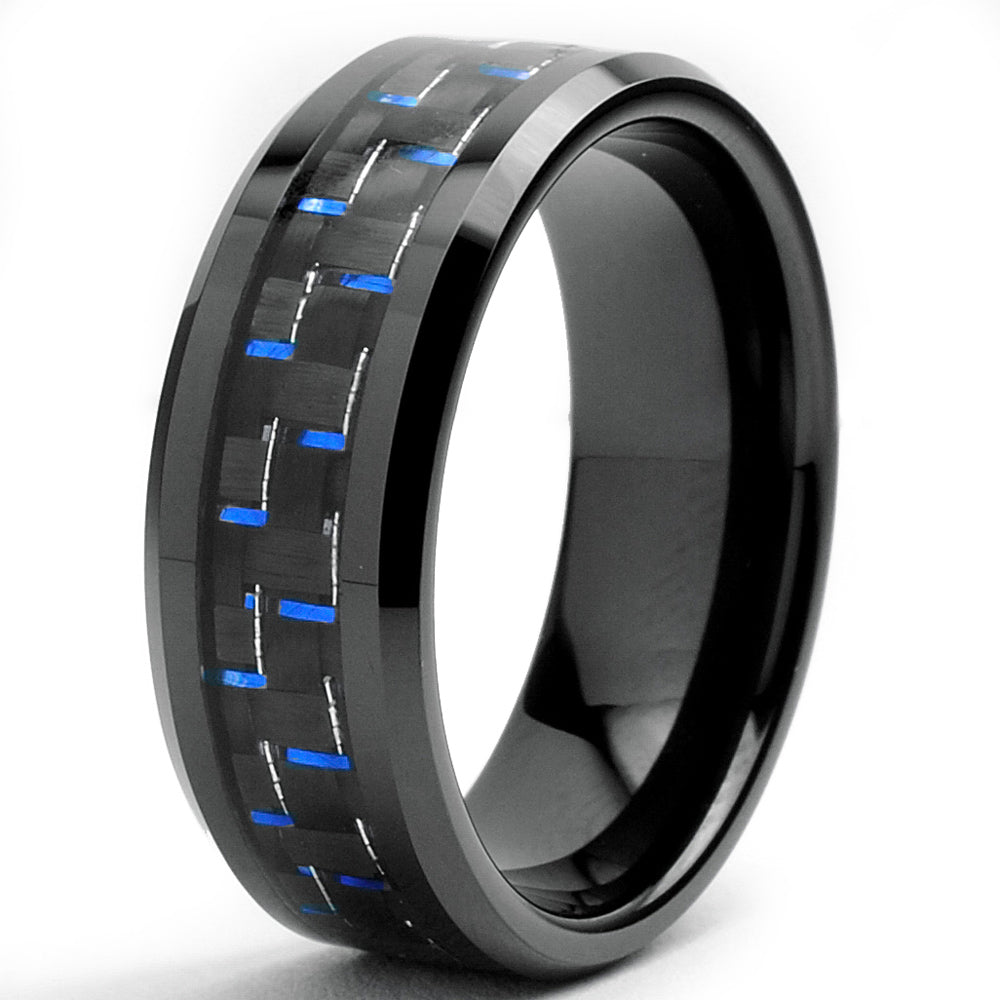 Black Men's Tungsten Carbide Wedding Band With Black and Blue Carbon Fiber Inlay, 8mm Sizes 7 to 13
