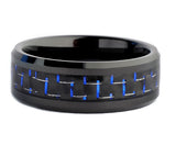 Black Men's Tungsten Carbide Wedding Band With Black and Blue Carbon Fiber Inlay, 8mm Sizes 7 to 13
