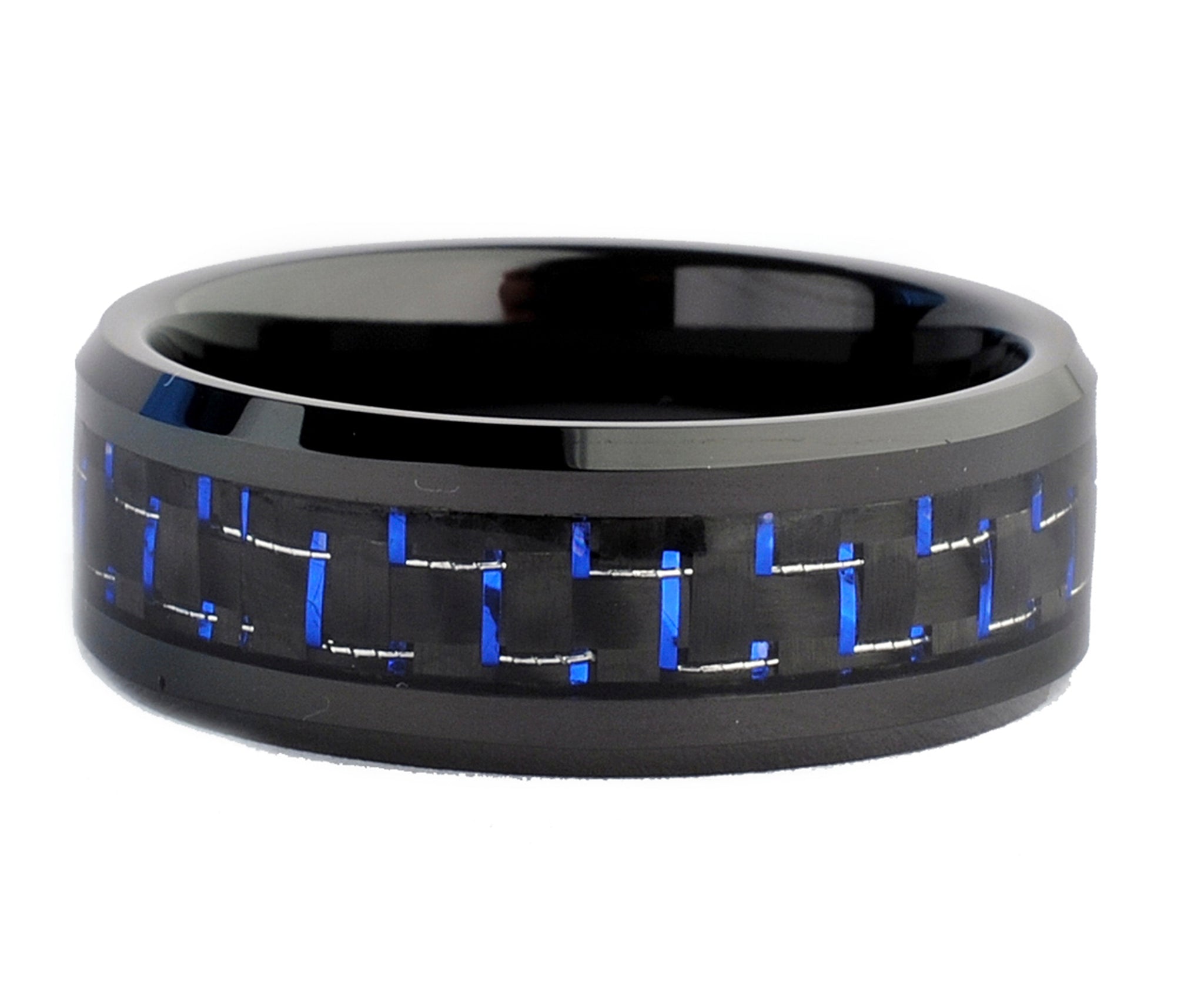 Black Men's Tungsten Carbide Wedding Band With Black and Blue Carbon Fiber Inlay, 8mm Sizes 7 to 13