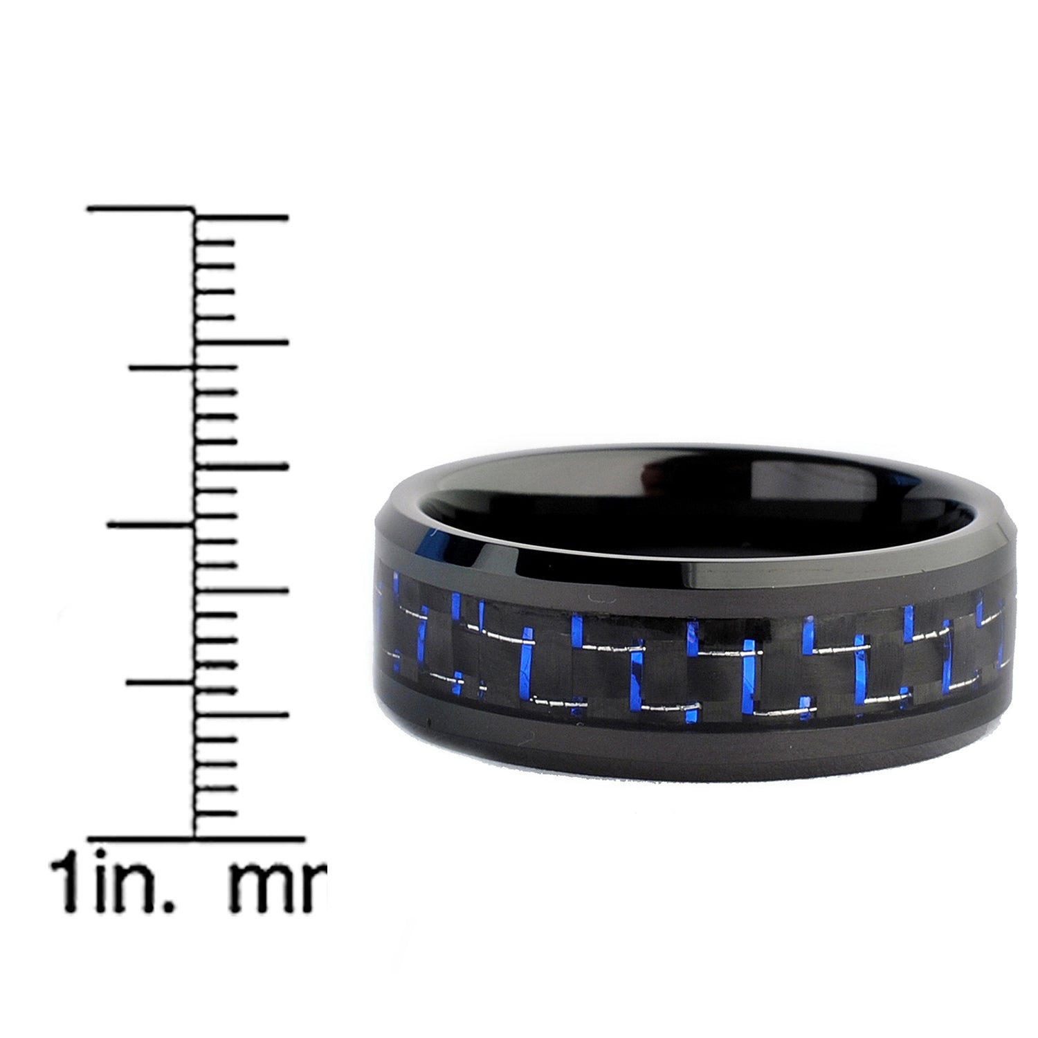 Black Men's Tungsten Carbide Wedding Band With Black and Blue Carbon Fiber Inlay, 8mm Sizes 7 to 13