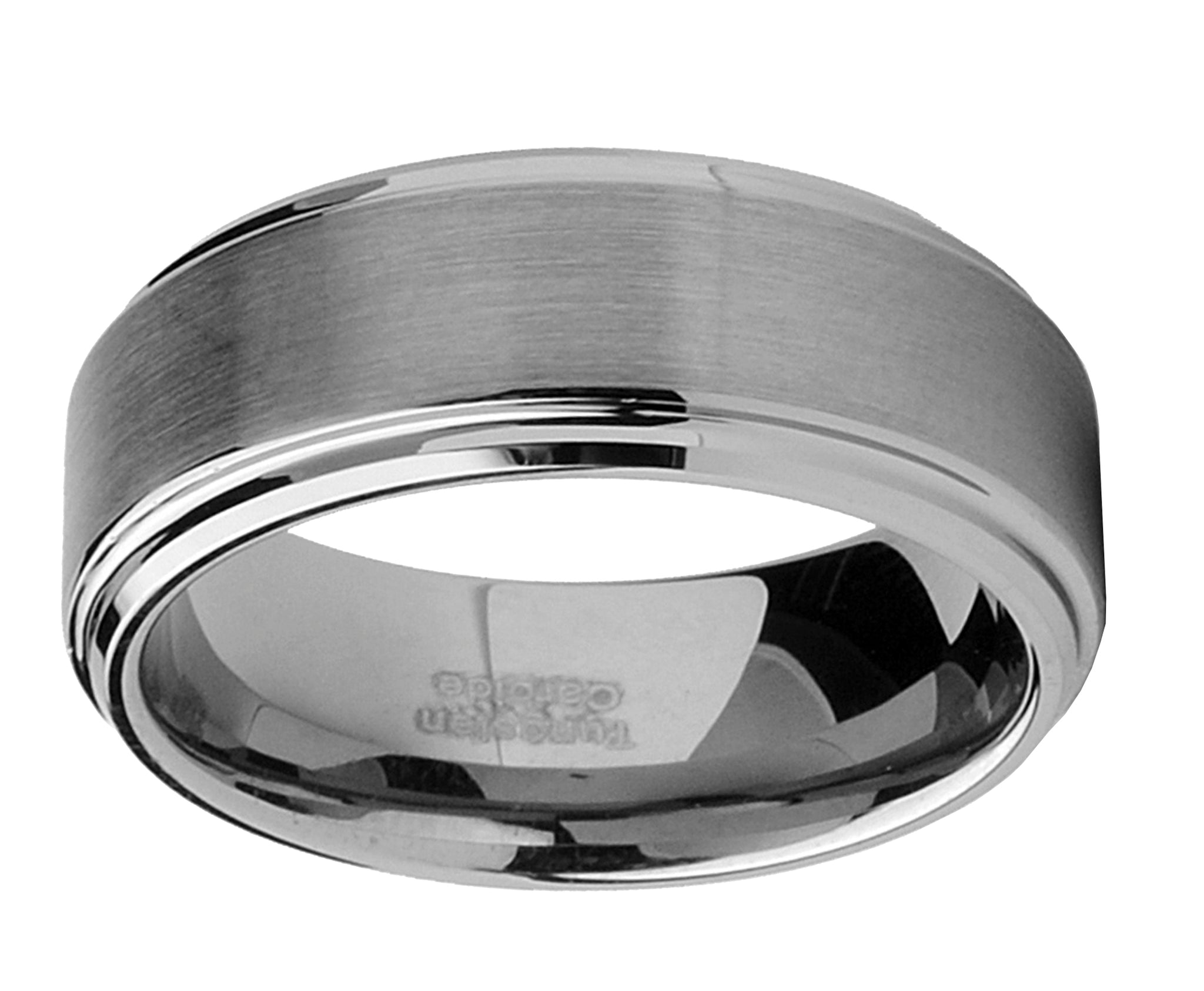 Tungsten Men's Wedding Band 8MM Brushed Finish High-Polish Silvertone Comfort-Fit Beveled Edges