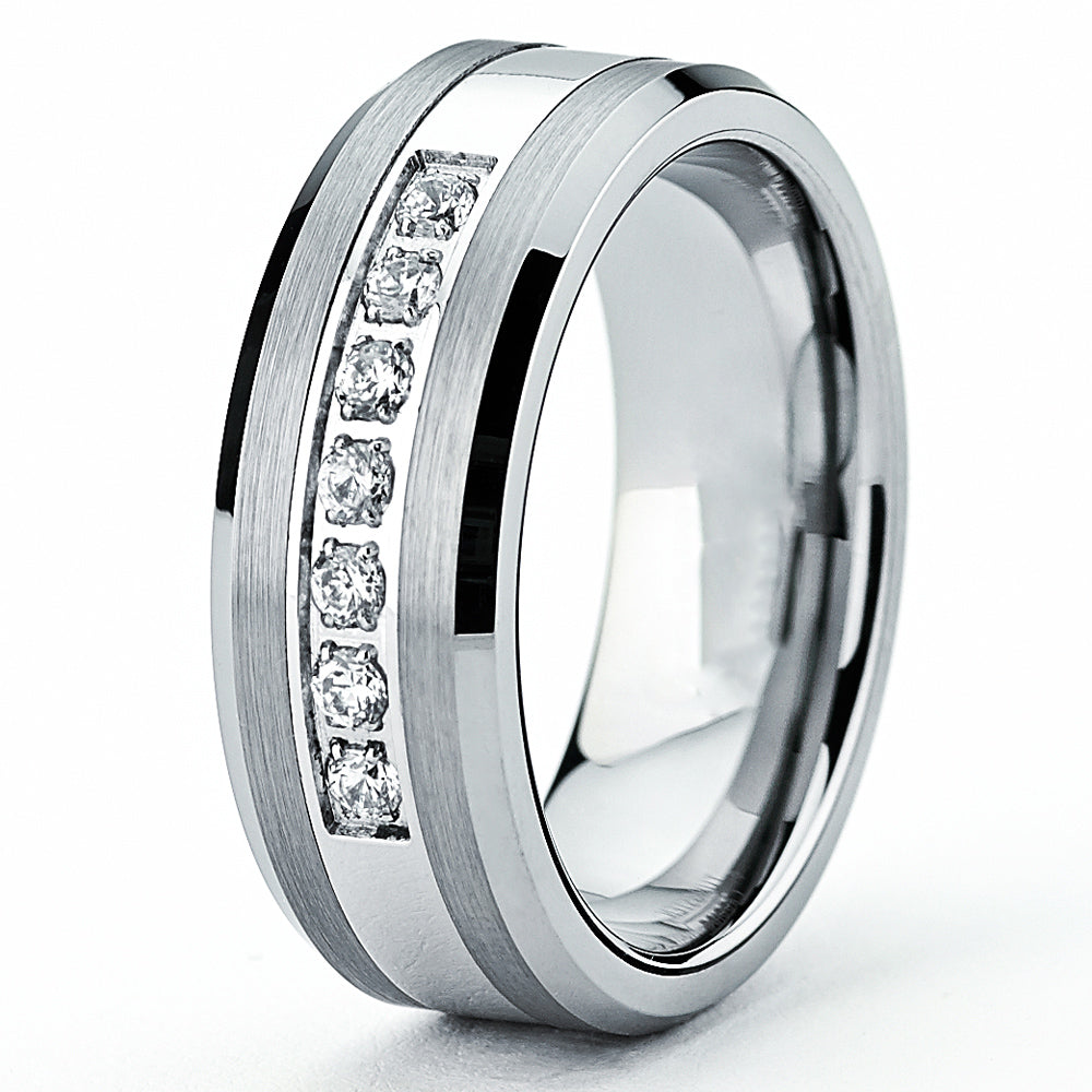 Tungsten Carbide Men's Engagement Wedding Band Ring with Center,Cubic Zirconia 8mm, Sizes 7 to 13
